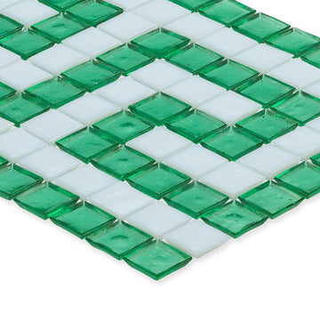 Malachite and White, 1" x 1" Greek Key Pattern Glass Tile