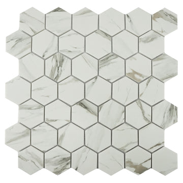 Calacatta Glass Hex Mosaic | TASNATVCALCATHEX | Glass Tile by Aquatica