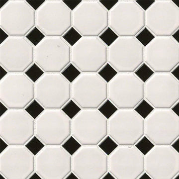 Matte White and Black, Octagon Mosaic | Porcelain Wall and Floor Tile